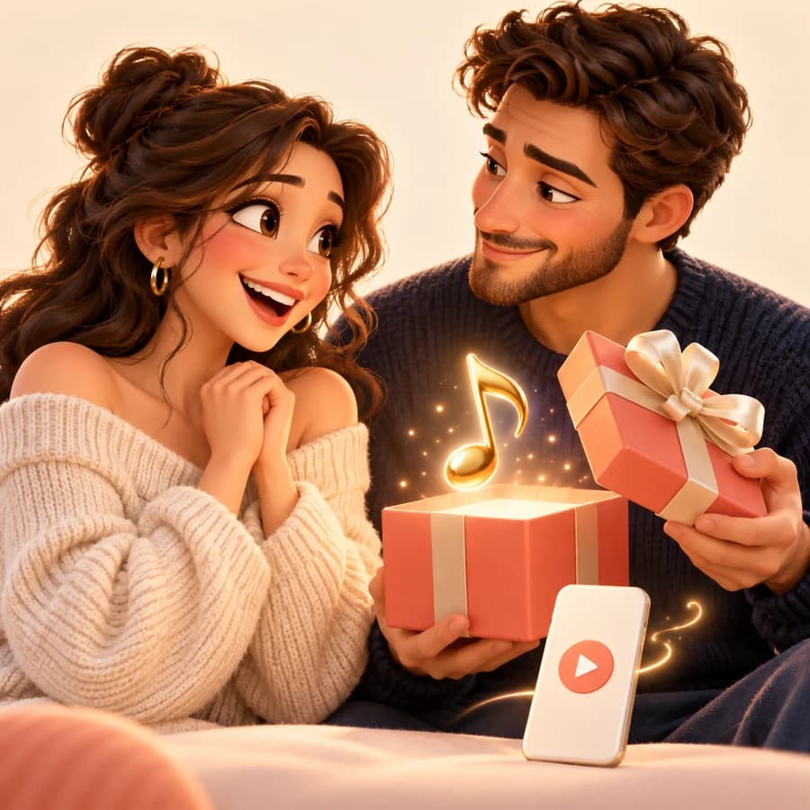 Pāris pasniedz muzikālu dāvanu – 3D ilustrācija